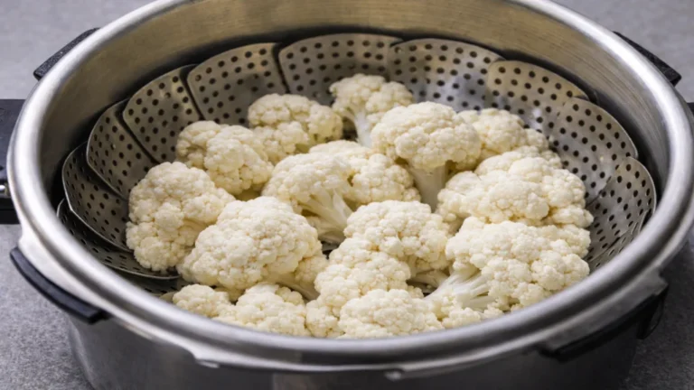 Bouquets de chou-fleur cuits à la vapeur dans une cocotte-minute avec panier vapeur en acier inoxydable