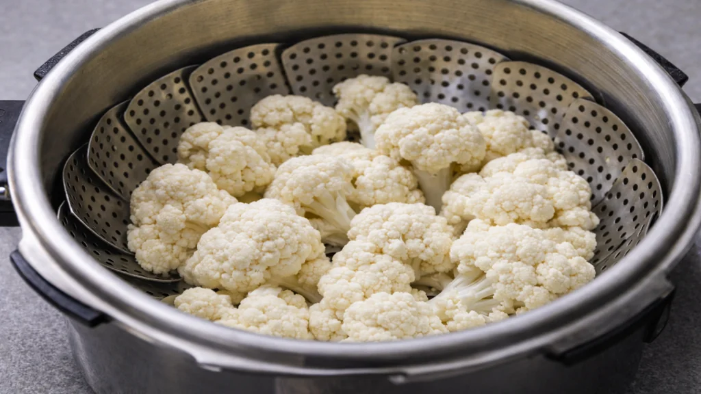 Bouquets de chou-fleur cuits à la vapeur dans une cocotte-minute avec panier vapeur en acier inoxydable