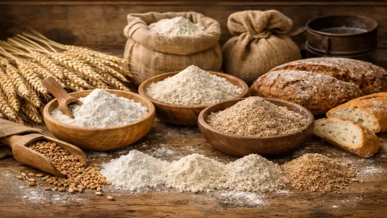 Farine de froment T45 T55 T65 T110 et T150 présentées dans des bols en bois avec épis de blé et pain artisanal sur table rustique