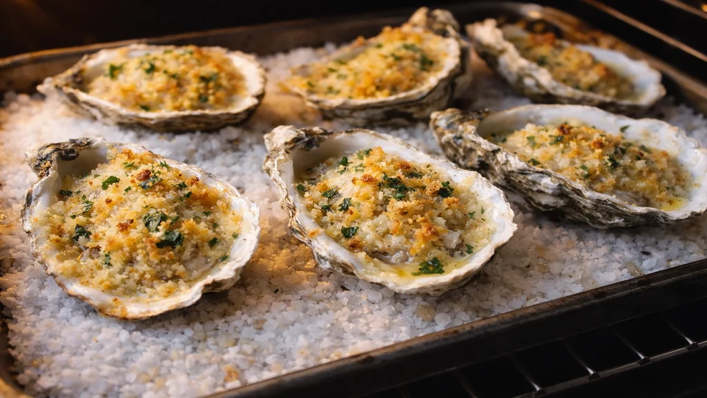 Huîtres chaudes gratinées au four sur lit de gros sel avec chapelure dorée et persil frais