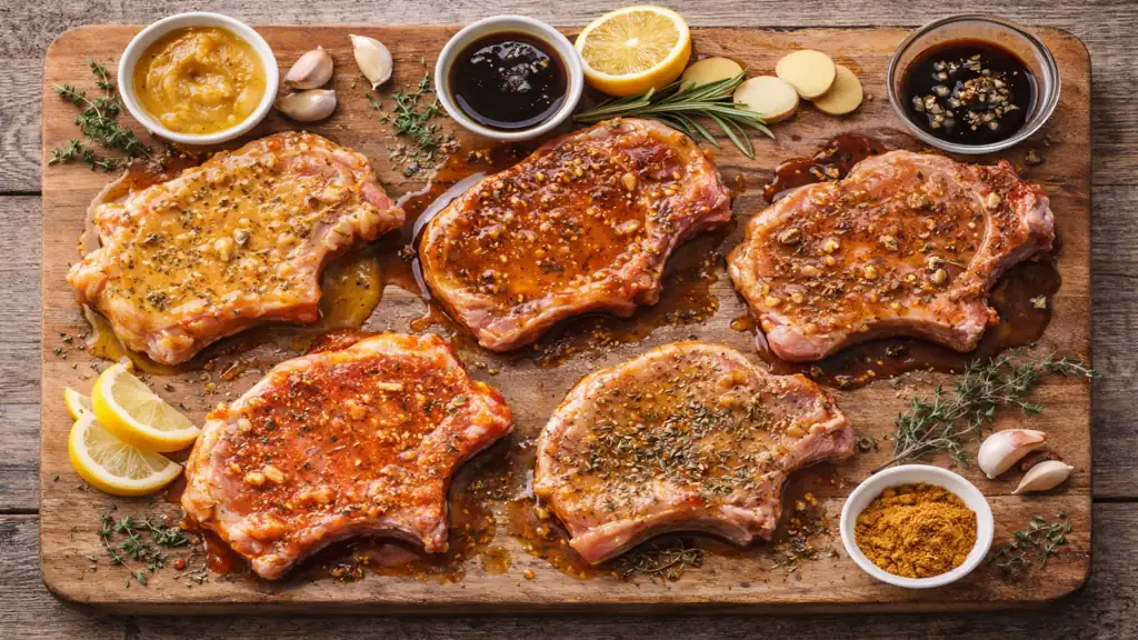 Côtes de porc crues marinées avec miel moutarde soja citron et herbes fraîches sur planche en bois