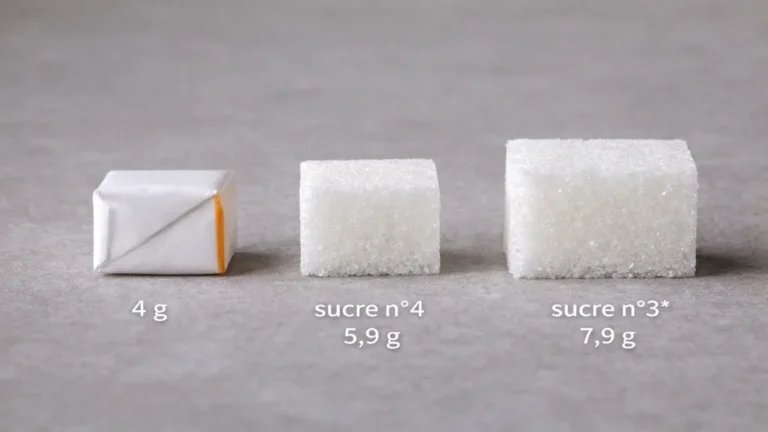 Trois morceaux de sucre blanc de calibres différents 4 g 5,9 g et 7,9 g alignés sur fond neutre illustrant le poids d’un morceau de sucre