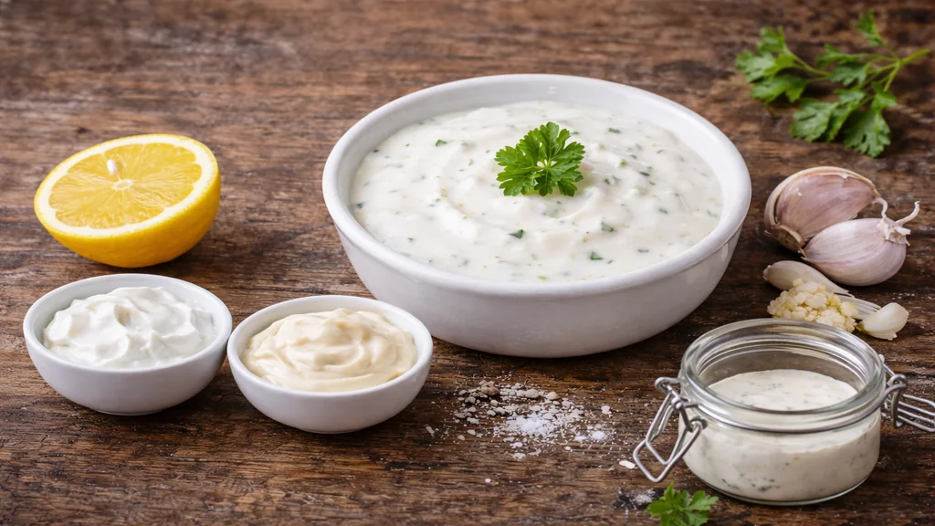 Sauce blanche kebab maison à base de yaourt grec, ail et citron servie en bol avec ingrédients frais sur table en bois