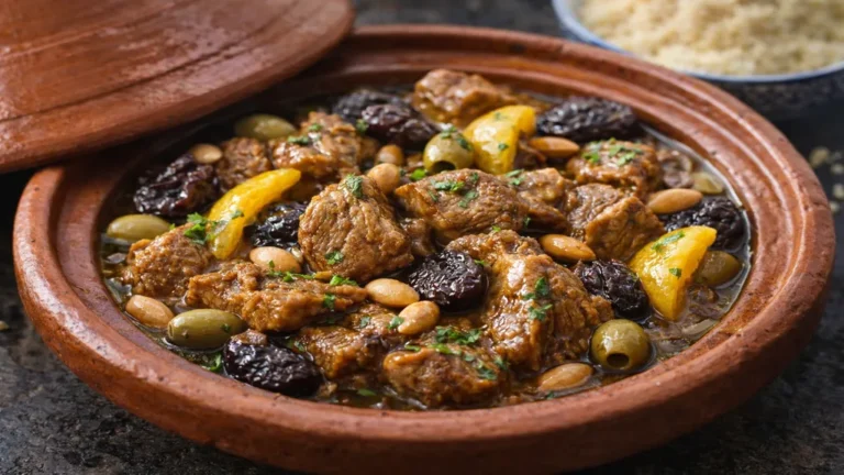 Tajine d’agneau traditionnel marocain aux pruneaux, amandes, olives et citron confit servi dans plat en terre cuite